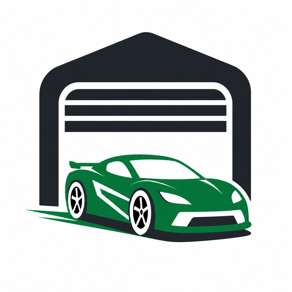 A collectible sports car in front of a garage